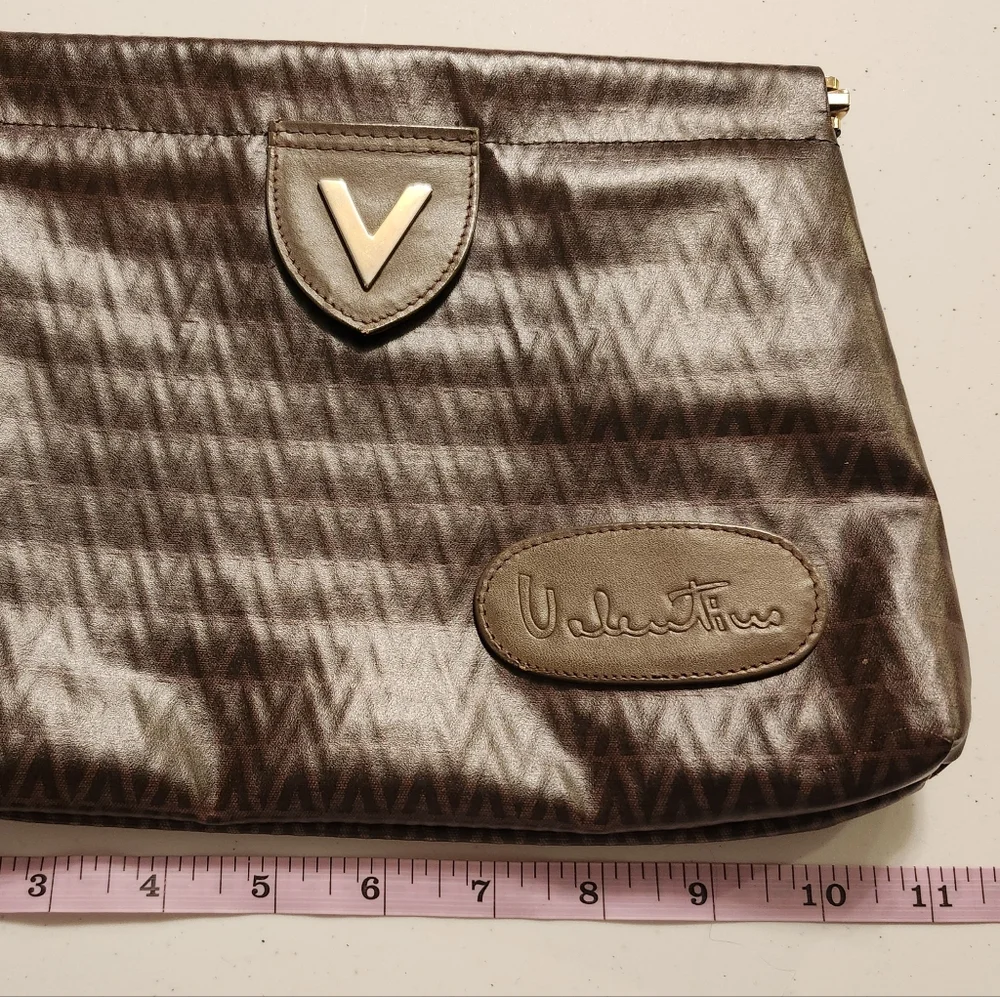Mario Valentino Vintage Brown Clutch- Gold Logo W/Leather Accents EUC- Italy - Picture 11 of 12